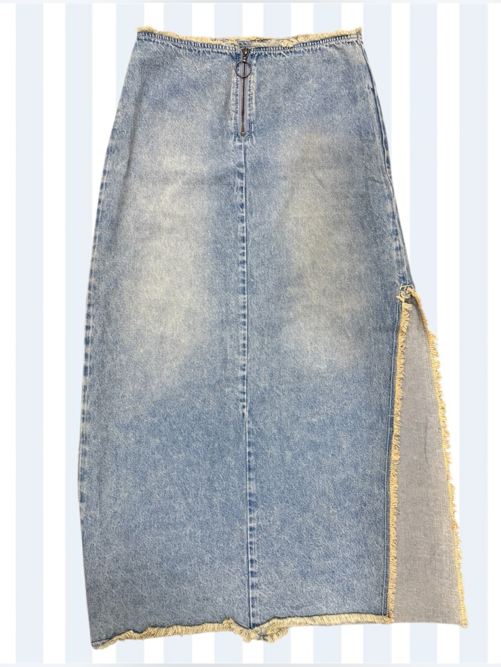 BDG Y2K Style Denim Maxi Skirt w/ High Side Slit & Zipper Washed Faded Denim